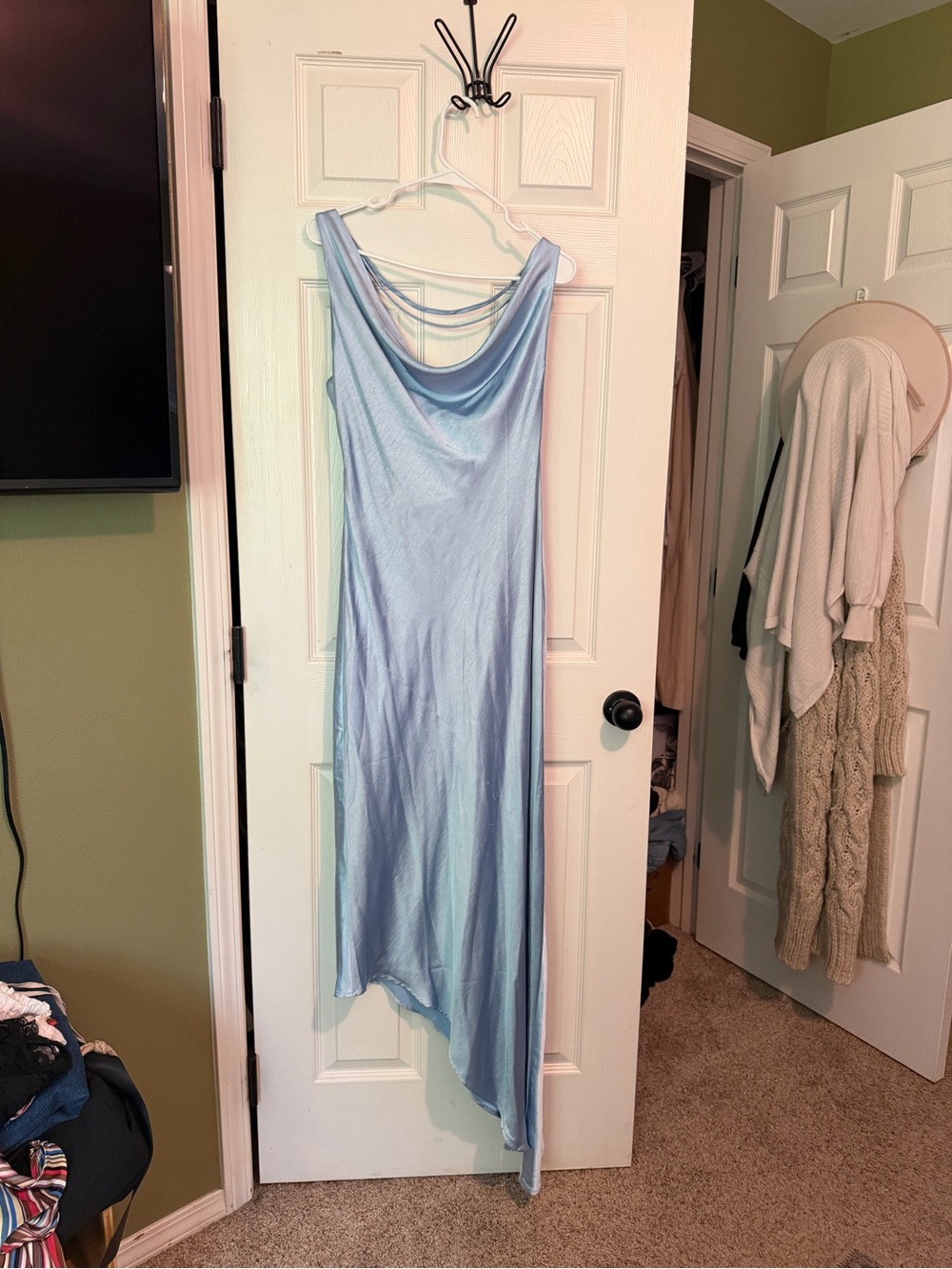Meshki Light Blue Satin Cowl Neck Maxi Dress